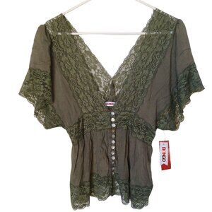 NWT Bongo Forest Green Lace Blouse Large Sheer Boho Whimsigoth Fairy Top